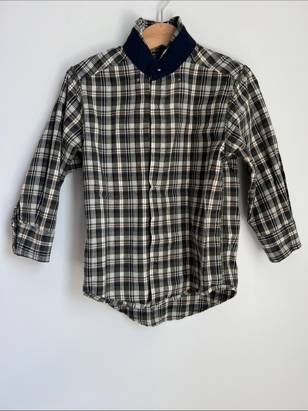 OshKosh B'gosh | 100% Cotton Olive Cream Navy Plaid Button-Down Shirt NWT Sz 3T - Picture 8 of 16